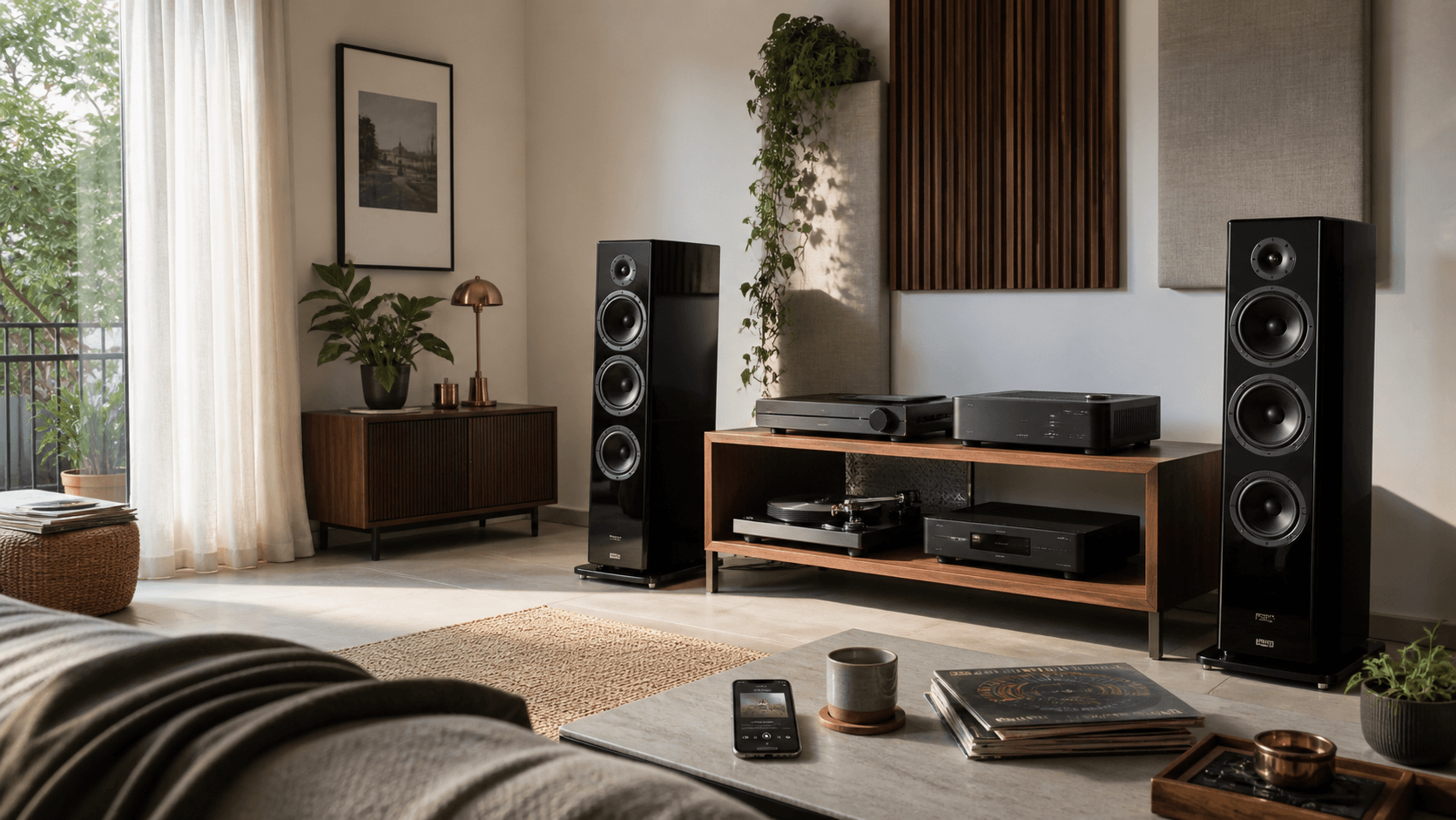 A home listening room with a stereo system and floorstanding speakers