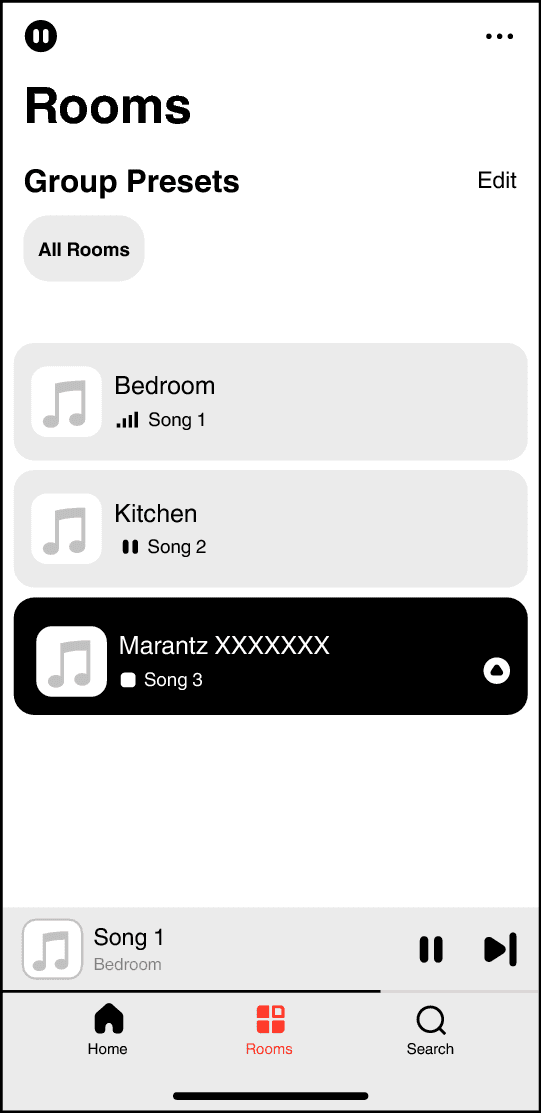 HEOS Rooms screen with a compatible receiver selected