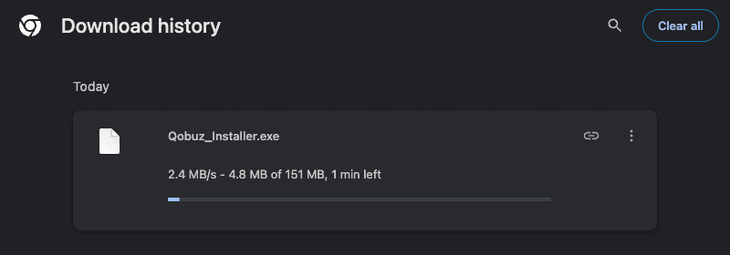 Chrome downloads page showing the official Qobuz_Installer.exe download