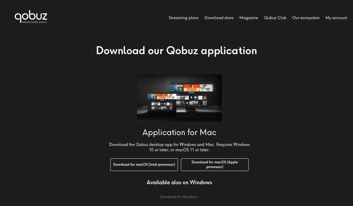 Official Qobuz apps page showing separate Intel and Apple Silicon downloads
