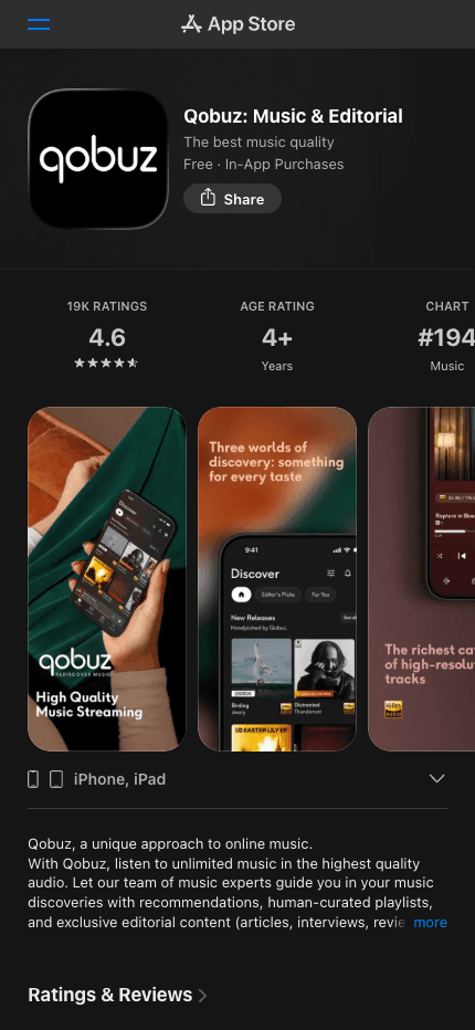Official Qobuz listing on Apple's App Store website