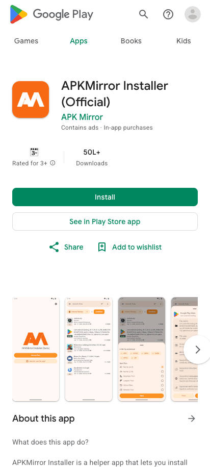 Current Google Play page for APKMirror Installer