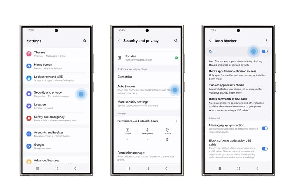 Samsung Settings, Security and privacy, and Auto Blocker screens