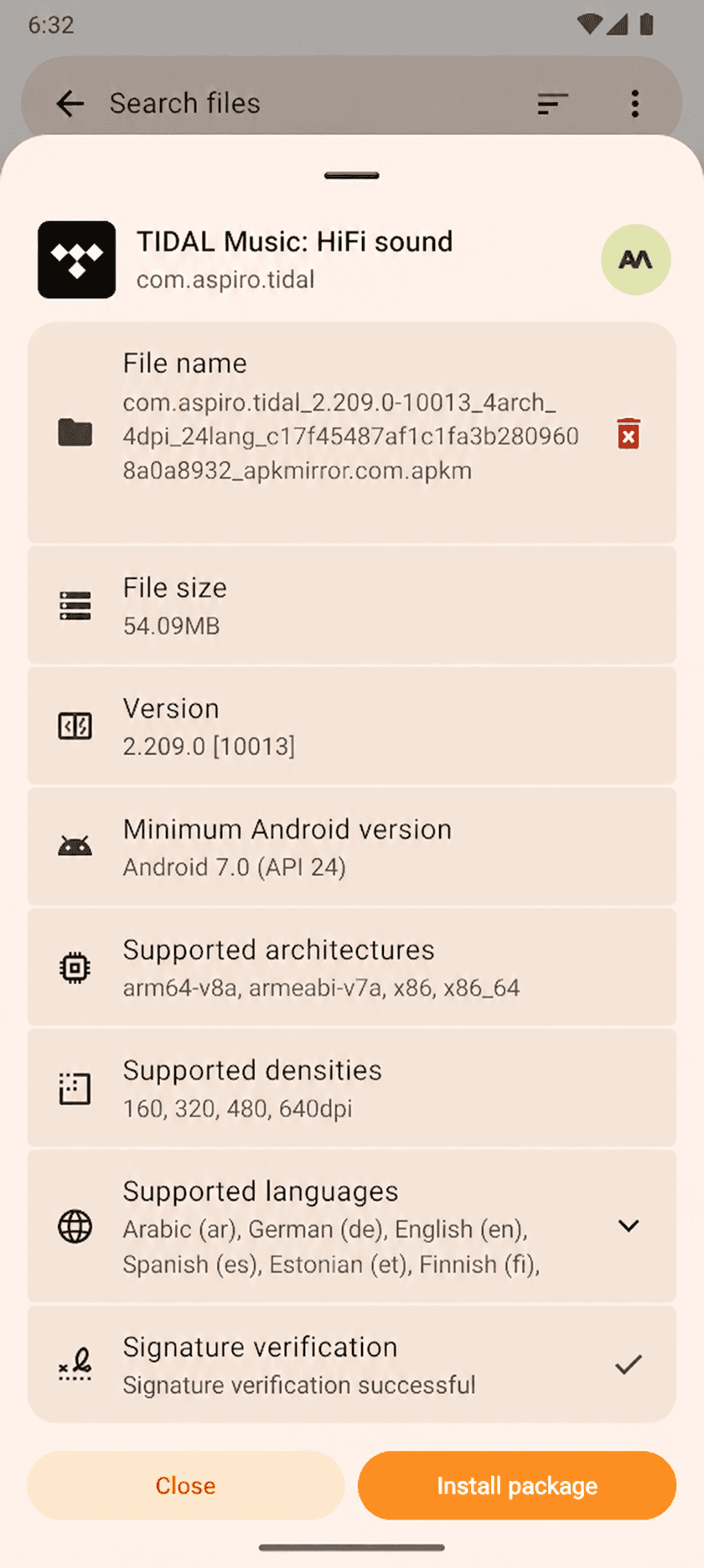 APKMirror Installer package details for TIDAL with the Install package button