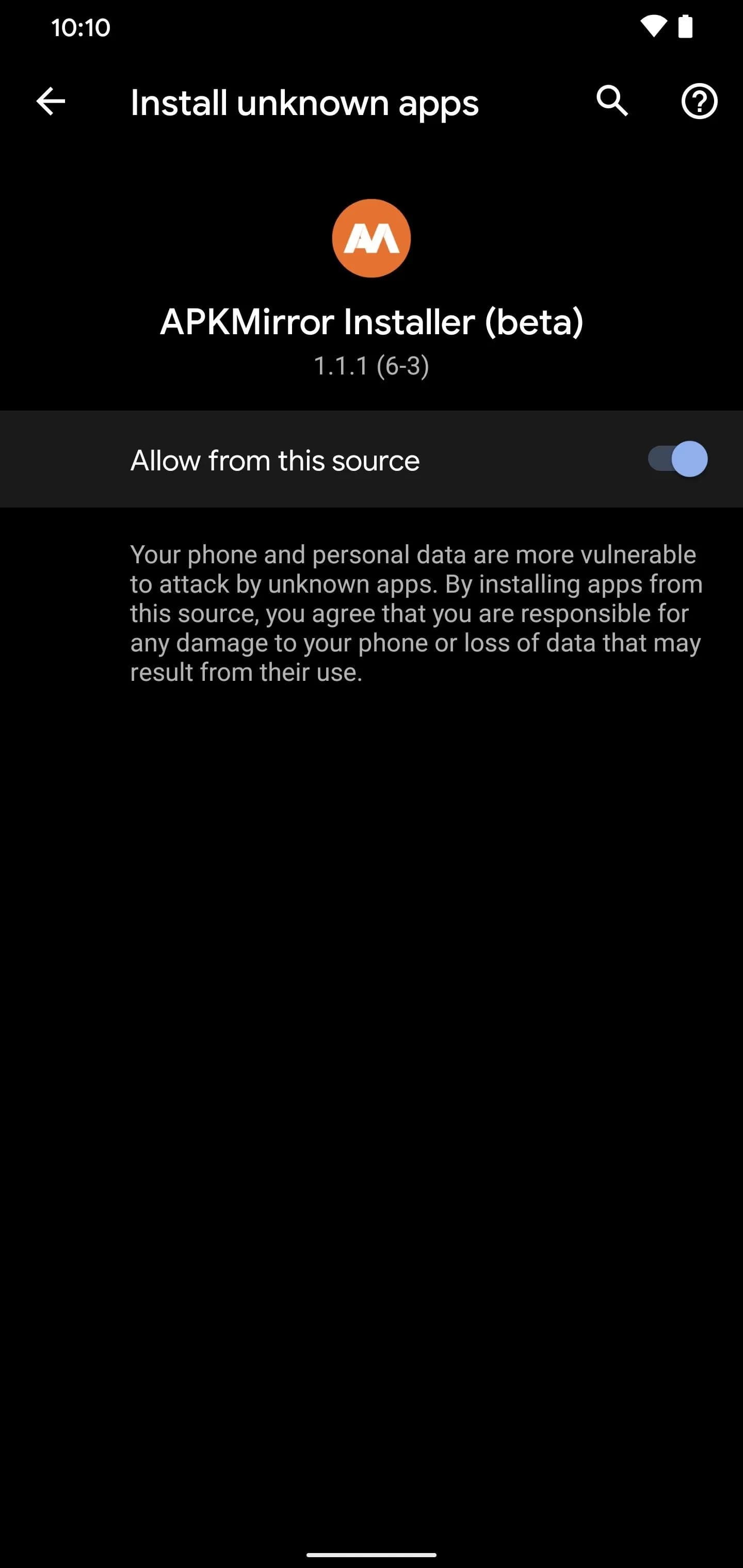Android Install unknown apps screen for APKMirror Installer with Allow from this source turned on