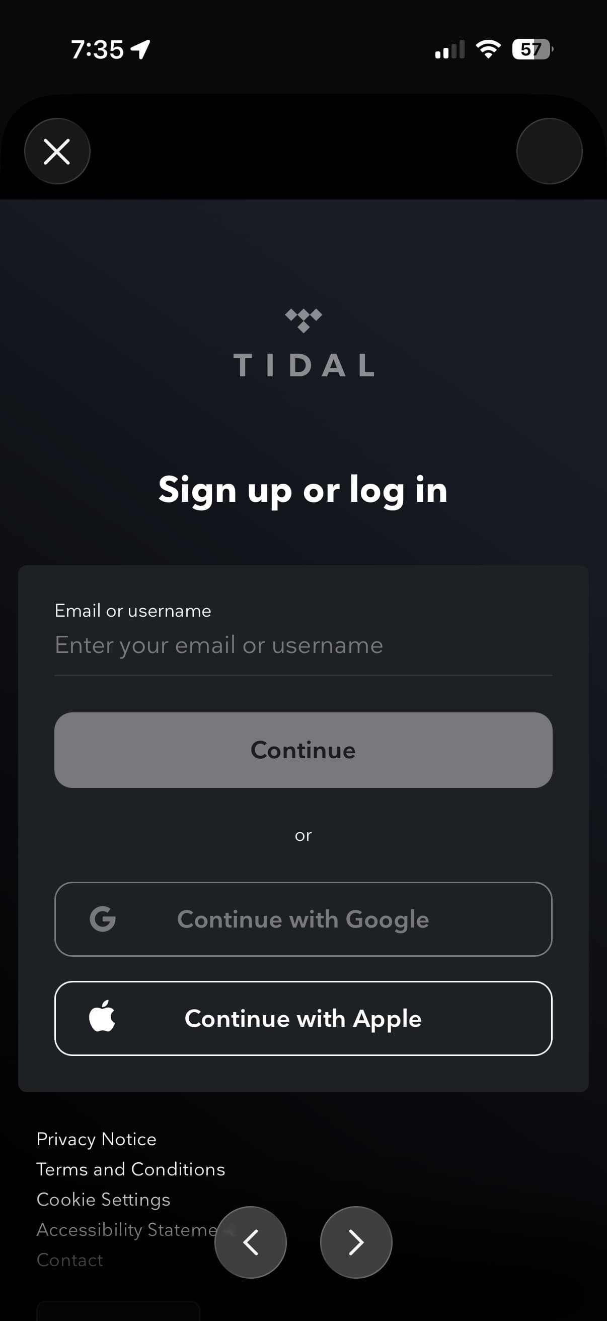 Current official TIDAL login screen asking for an email or username