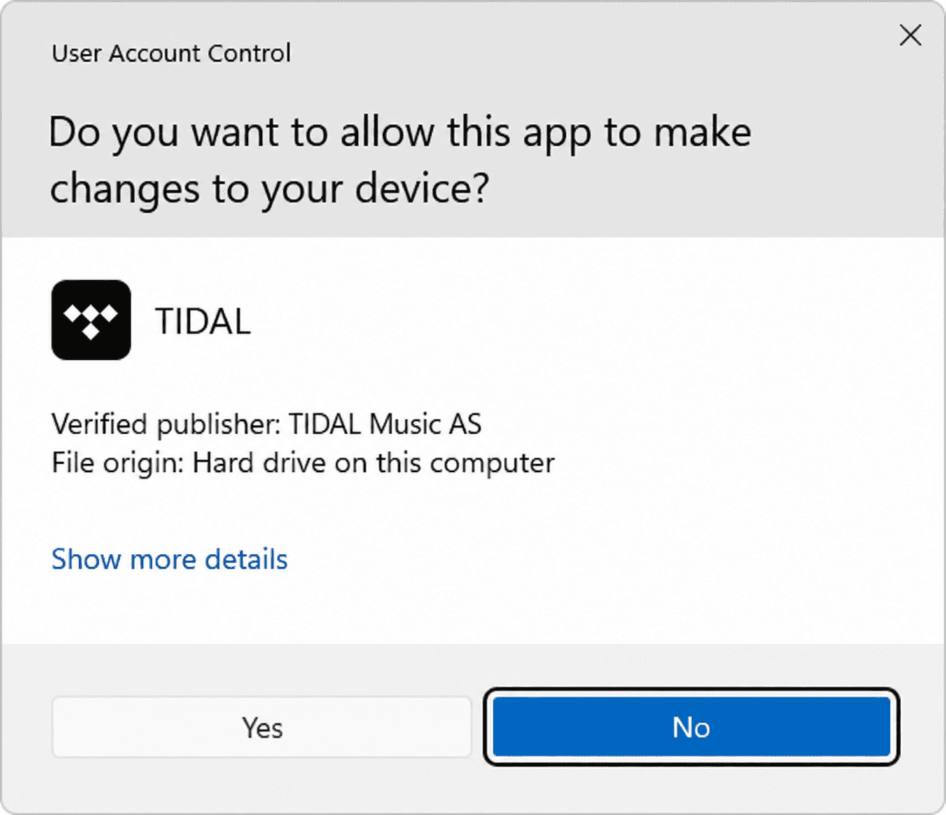Windows User Account Control permission prompt identifying TIDAL