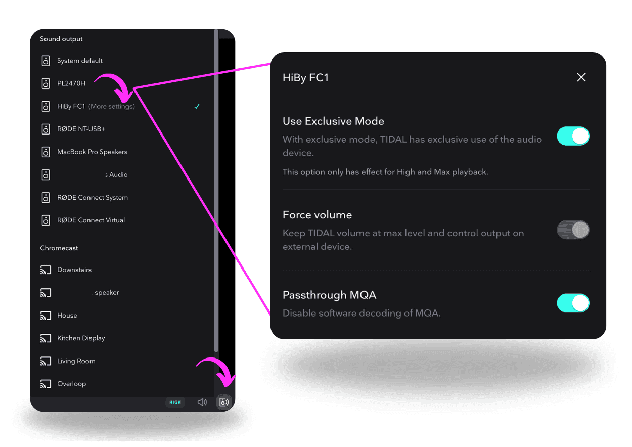 TIDAL desktop sound-output menu showing an external audio device and Exclusive mode