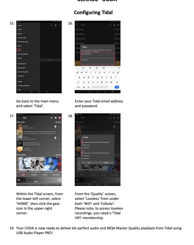 TIDAL selection, login, and quality screens inside USB Audio Player PRO