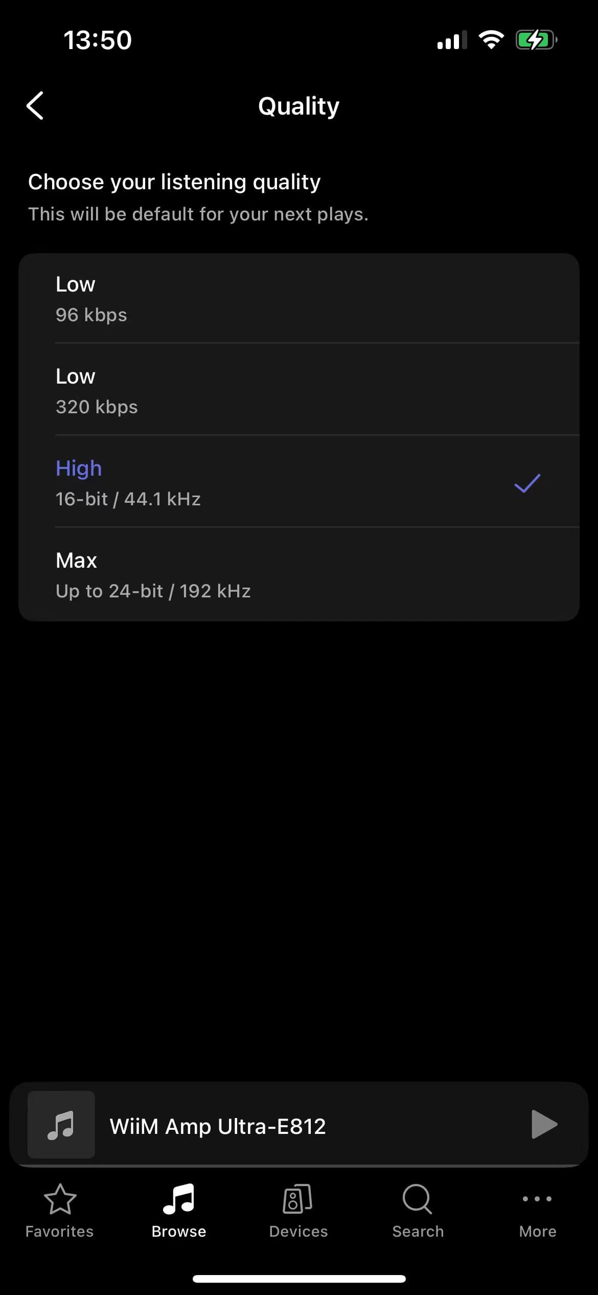 TIDAL streaming-quality choices in the WiiM Home app